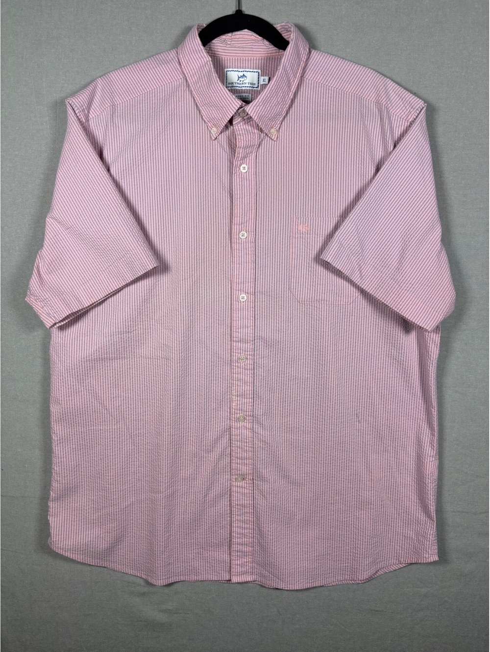Southern Tide XL Classic Fit Short Sleeve Button Down Pink Blue Stripe Shirt